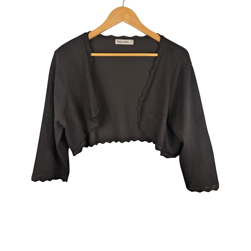 Grace Karin Black Scalloped Trim Cropped Bolero Shrug Sweater XL 3/4 Sleeve